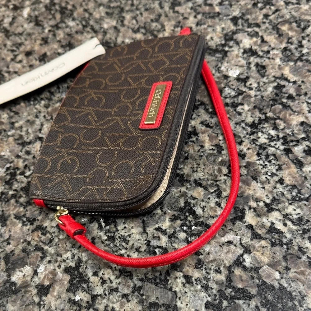 Calvin Klein Logo Wristlet in Brown and Red NWT